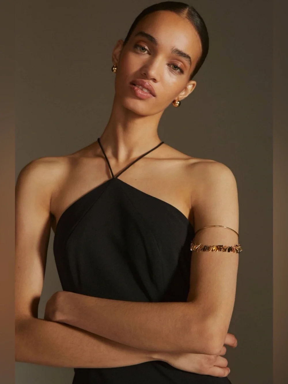 ANTHROPOLOGIE / HUTCH Black Asymmetric Halter Midi Dress with Thigh Slit - Picture 3 of 8